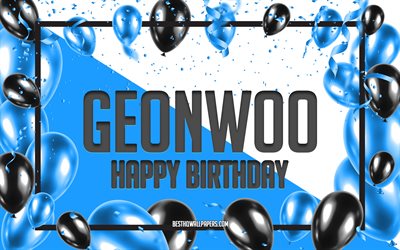 happy birthday geonwoo, geburtstag luftballons, hintergrund, beliebten koreanischen m&#228;nnlichen namen, geonwoo, tapeten mit koreanischen namen, blaue luftballons geburtstag hintergrund, gru&#223;karte, geonwoo geburtstag