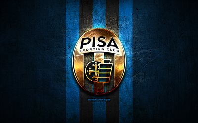 Pisa FC, golden logo, Serie B, blue metal background, football, Pisa SC, italian football club, Pisa SC logo, soccer, Italy