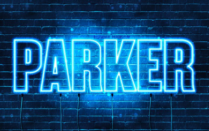 Parker, 4k, pap&#233;is de parede com os nomes de, texto horizontal, Parker nome, luzes de neon azuis, imagem com Parker nome