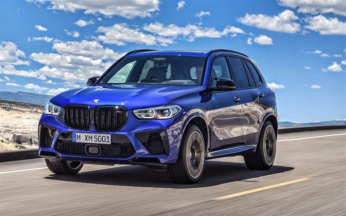 BMW X5 M Competition, 2020, exterior, front view, new blue X5, luxury blue SUV, German cars, BMW
