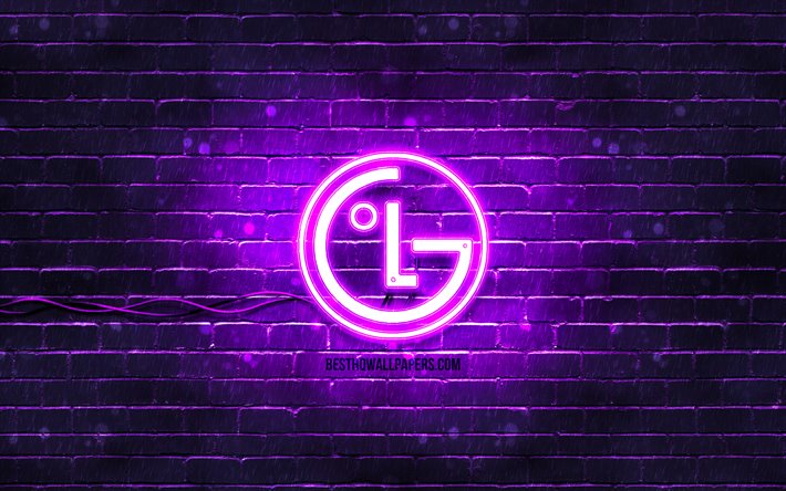 LG viola logo, 4k, viola, brickwall, il logo LG, marche, LG neon logo LG
