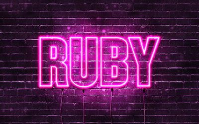 Ruby, 4k, fondos de pantalla con los nombres, los nombres femeninos, Ruby nombre, p&#250;rpura luces de ne&#243;n, el texto horizontal, imagen con el nombre de Ruby