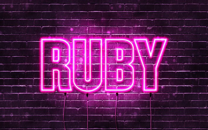 Ruby, 4k, taustakuvia nimet, naisten nimi&#228;, Ruby nimi, violetti neon valot, vaakasuuntainen teksti, kuva Ruby nimi