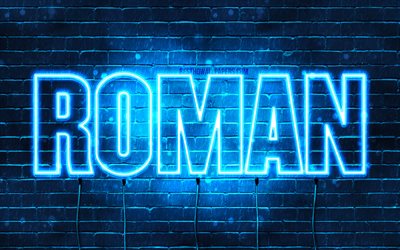 Romano, 4k, pap&#233;is de parede com os nomes de, texto horizontal, Nome romano, luzes de neon azuis, imagem com o nome Romano de