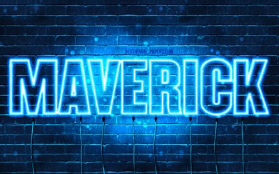 Maverick, 4k, fondos de pantalla con los nombres, el texto horizontal, Maverick nombre, luces azules de ne&#243;n, de la imagen con el nombre de Maverick