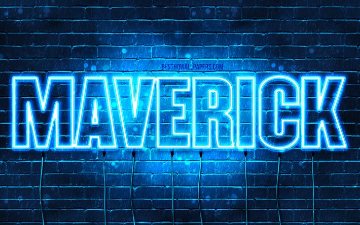 Maverick, 4k, pap&#233;is de parede com os nomes de, texto horizontal, Maverick nome, luzes de neon azuis, imagem com nome do Maverick