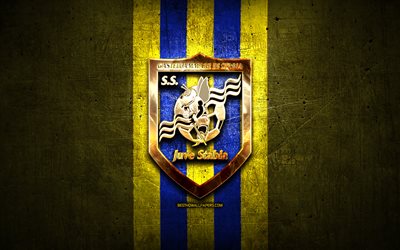 Komiser juve Stabia FC, altın logo, Seri B, sarı metal arka plan, futbol, SS Komiser juve Stabia, İtalyan Futbol Kul&#252;b&#252;, Komiser juve Stabia logo, İtalya