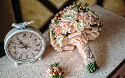 wedding bouquet, orange roses, watches and a bouquet of flowers, wedding decoration, bridal bouquet, silk texture, bouquet of roses, wedding