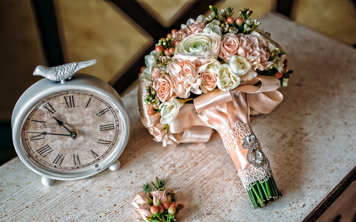 ramo de novia, naranja rosas, relojes y un ramo de flores de la boda de la decoraci&#243;n, el ramo de novia, de seda textura, ramo de rosas, de la boda