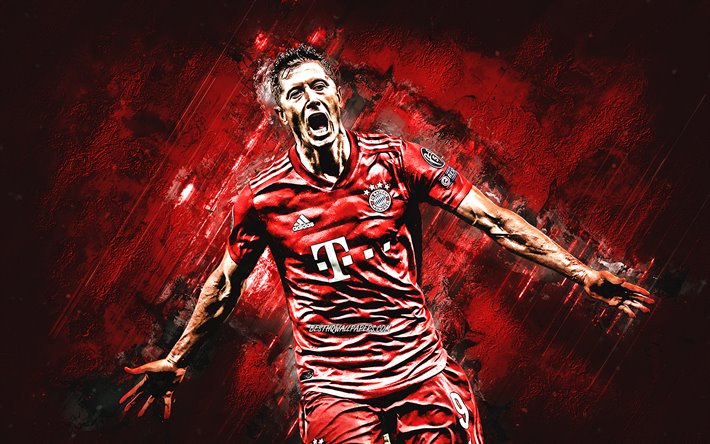 Robert Lewandowski, Polaco jogador de futebol, O FC Bayern de Munique, Bundesliga, Alemanha, futebol, pedra vermelha de fundo, Lewandowski Bayern