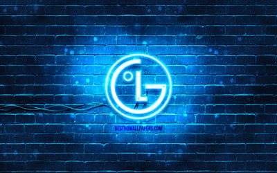 LG logo azul, 4k, azul brickwall, el logo de LG, marcas, LG neon logotipo de LG