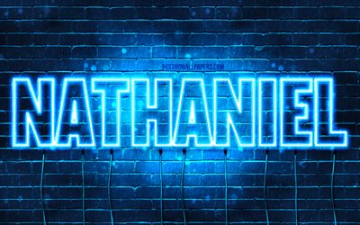 Nathaniel, 4k, pap&#233;is de parede com os nomes de, texto horizontal, Nathaniel nome, luzes de neon azuis, imagem com Nathaniel nome