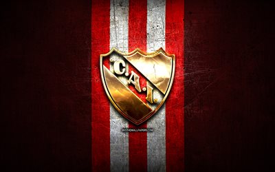 Independiente FC, golden logo, Argentine Primera Division, red metal background, football, CA Independiente, argentinian football club, Independiente logo, soccer, Argentina, Club Atletico Independiente