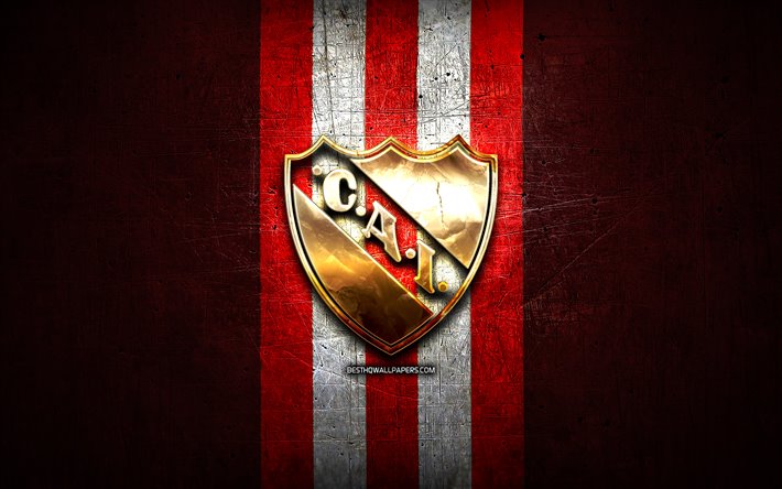 independiente fc, goldenen logo in der argentinischen primera division, red metal hintergrund, fu&#223;ball, ca independiente, der argentinische fu&#223;ball-club, independiente logo, fussball, argentinien, club atletico independiente