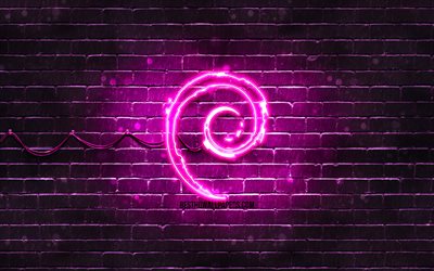 Debian purple logo, 4k, purple brickwall, Debian logo, Linux, Debian neon logo, Debian