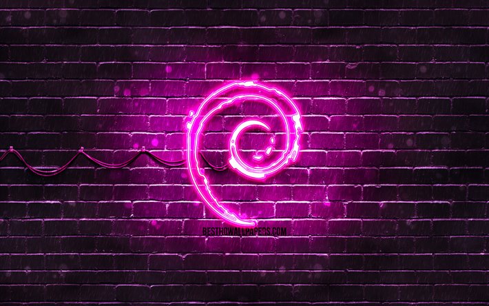 Debian viola logo, 4k, viola brickwall, logo di Debian, Linux, Debian neon logo di Debian