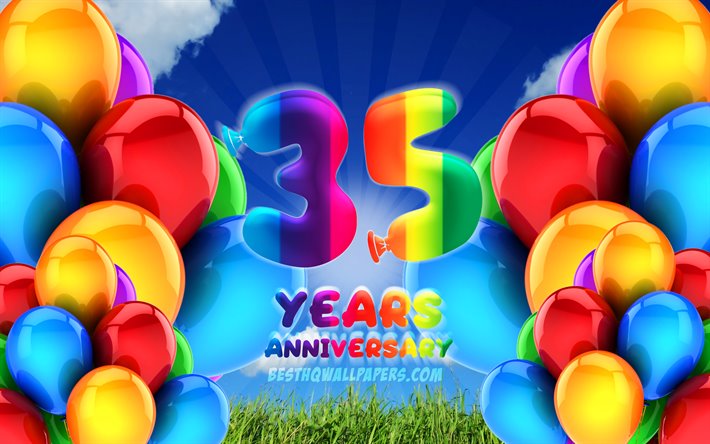 4k, 35 Years Anniversary, cloudy sky background, colorful ballons, artwork, 35th anniversary sign, Anniversary concept, 35th anniversary