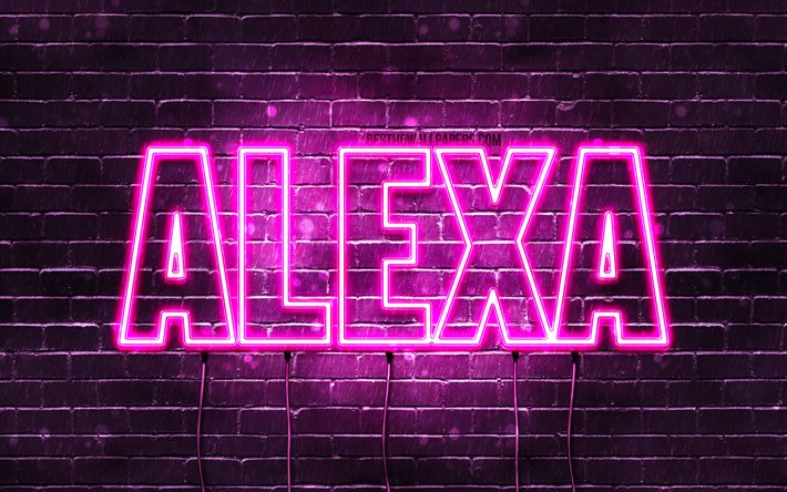 Alexa, 4k, wallpapers with names, female names, Alexa name, purple neon lights, horizontal text, picture with Alexa name