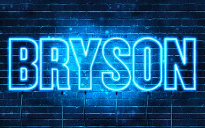 Bryson, 4k, les papiers peints avec les noms, le texte horizontal, Bryson nom, bleu n&#233;on, une photo avec le nom Bryson