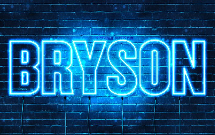 Bryson, 4k, fondos de pantalla con los nombres, el texto horizontal, Bryson nombre, luces azules de ne&#243;n, imagen con Bryson nombre