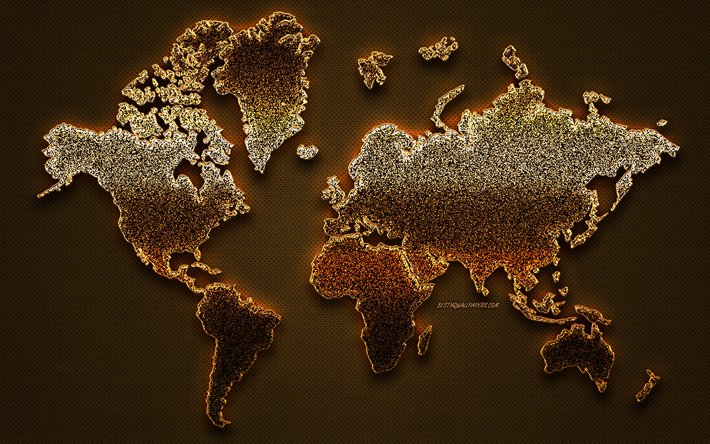 Golden world karta, Jorden karta, Guld glitter v&#228;rldskarta, V&#228;rldskarta Begrepp, l&#228;der konsistens
