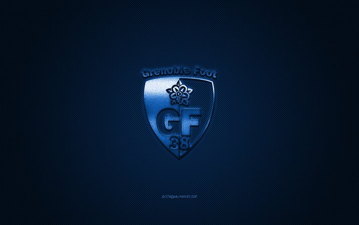 Grenoble Foot 38, French football club, Ligue 2, blue logo, blue carbon fiber background, football, Grenoble, France, Grenoble Foot 38 logo