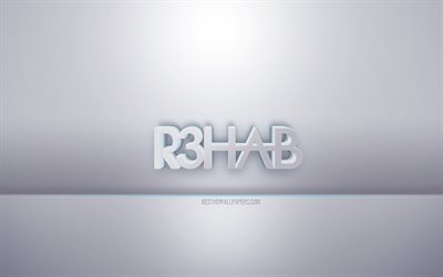 Logo bianco 3d R3hab, sfondo grigio, logo R3hab, arte 3d creativa, R3hab, emblema 3d