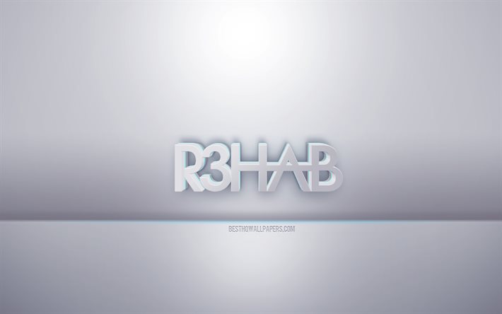 R3hab 3d white logo, gray background, R3hab logo, creative 3d art, R3hab, 3d emblem