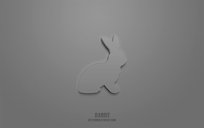 Icona di coniglio 3d, sfondo grigio, simboli 3d, coniglio, icone di animali, icone 3d, segno di coniglio, icone di animali 3d