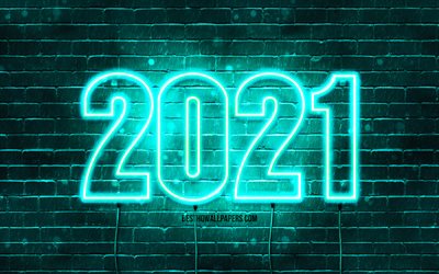 4k, Bonne ann&#233;e 2021, brickwall turquoise, chiffres n&#233;on turquoise 2021, concepts 2021, fils, nouvel an 2021, 2021 sur fond turquoise, chiffres de l&#39;ann&#233;e 2021