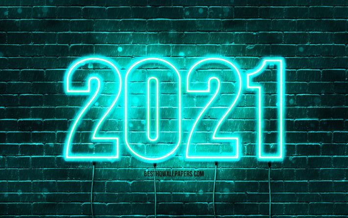 4k, Happy New Year 2021, turquoise brickwall, 2021 turquoise neon digits, 2021 concepts, wires, 2021 new year, 2021 on turquoise background, 2021 year digits
