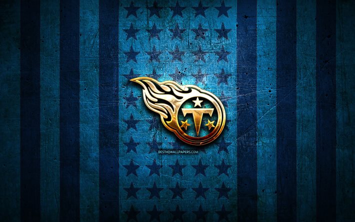 Tennessee Titans bayrağı, NFL, mavi metal arka plan, amerikan futbol takımı, Tennessee Titans logosu, ABD, amerikan futbolu, altın logo, Tennessee Titans