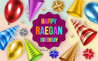 Joyeux anniversaire Raegan, 4k, fond de ballon d&#39;anniversaire, Raegan, art cr&#233;atif, joyeux anniversaire de Raegan, noeuds en soie, anniversaire de Raegan, fond de f&#234;te d&#39;anniversaire