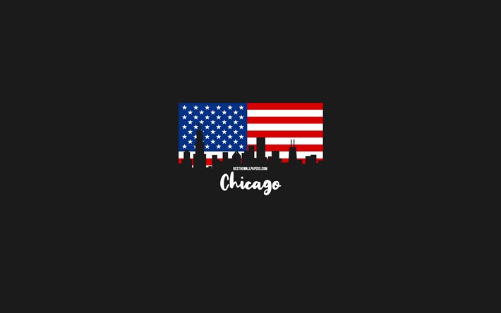 Chicago, amerikanska st&#228;der, Chicago silhuetthorisont, USA-flagga, Chicago stadsbild, Amerikansk flagga, USA, Chicagos horisont