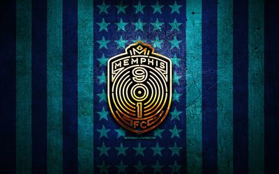 Memphis 901 flagga, USL, bl&#229; metall bakgrund, amerikansk fotbollsklubb, Memphis 901 logotyp, USA, fotboll, Memphis 901 FC, gyllene logotyp