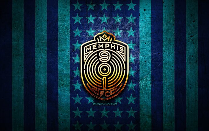 Bandiera Memphis 901, USL, sfondo di metallo blu, club di calcio americano, logo Memphis 901, USA, calcio, Memphis 901 FC, logo dorato