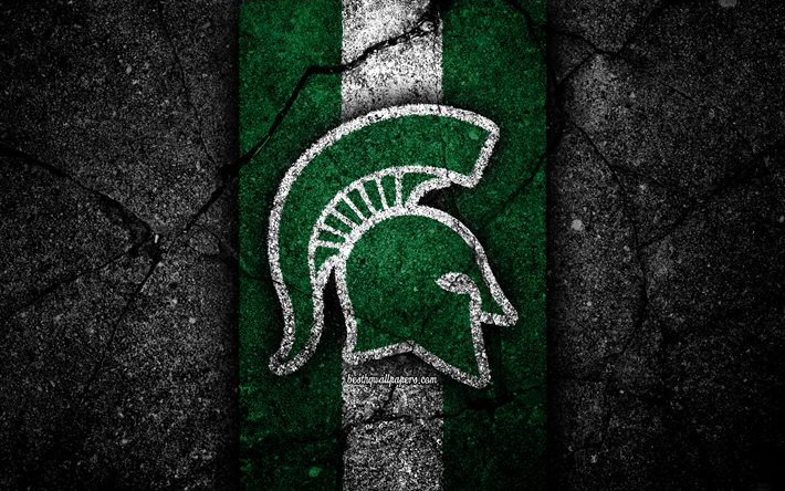 Michigan State Spartans, 4k, amerikan futbol takımı, NCAA, yeşil beyaz taş, ABD, asfalt dokusu, amerikan futbolu, Michigan State Spartans logosu