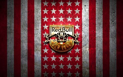 New York Red Bulls II flag, USL, red white metal background, american soccer club, New York Red Bulls II logo, USA, soccer, New York Red Bulls II FC, golden logo
