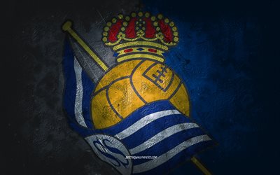 Real Sociedad, spansk fotbollsklubb, vinr&#246;d bl&#229; vit sten bakgrund, Real Sociedad logotyp, grunge konst, La Liga, fotboll, Spanien, Real Sociedad emblem
