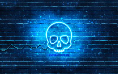 Skull neon icon, 4k, blue background, neon symbols, Skull, neon icons, Skull sign, people signs, Skull icon, people icons