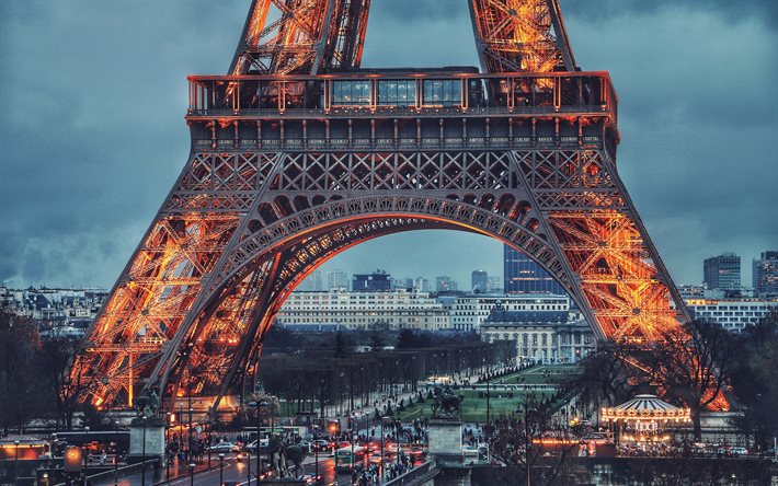 Torre Eiffel, 4k, pontos de refer&#234;ncia franceses, paisagens urbanas, Paris, Europa, cidades francesas