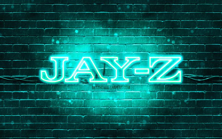Logo Jay-Z turquoise, 4k, superstars, rappeur am&#233;ricain, brickwall turquoise, logo Jay-Z, Shawn Corey Carter, Jay-Z, stars de la musique, logo n&#233;on Jay-Z