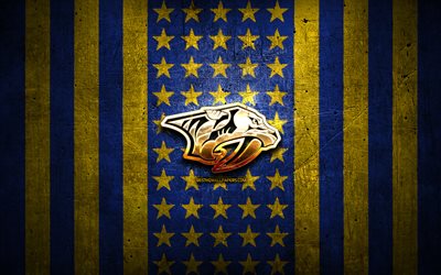 nashville predators flagge, nhl, blau gelber metallhintergrund, amerikanische eishockeymannschaft, nashville predators logo, usa, hockey, goldenes logo, nashville predators