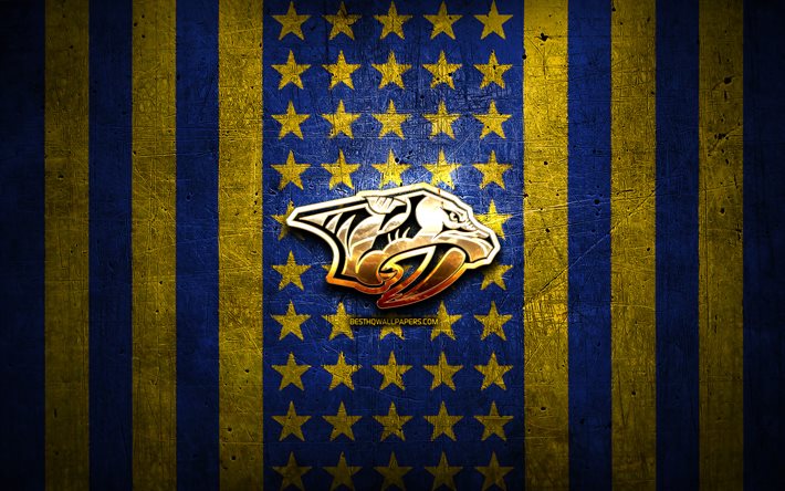 ナッシュビルプレデターズフラグ, NHL, 青黄色の金属の背景, アメリカのホッケーチーム, ナッシュビルプレデターズのロゴ, 米国, ホッケー, 黄金のロゴ, ナッシュビルプレデターズ