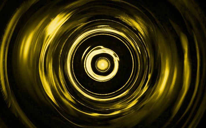 yellow spiral background, 4K, yellow vortex, spiral textures, 3D art, yellow waves background, wavy textures, yellow backgrounds