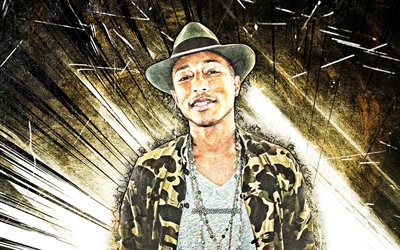 4k, Pharrell Williams, arte grunge, cantante americana, star della musica, Pharrell Lanscilo Williams, raggi astratti verdi, celebrit&#224; americana, superstar, Pharrell Williams 4K