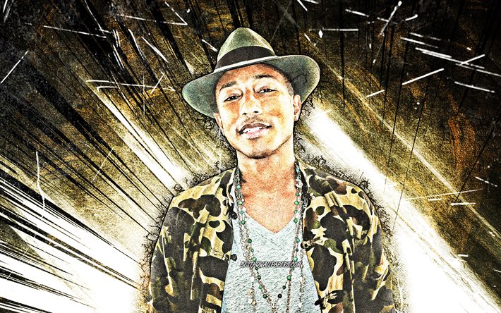 4k, Pharrell Williams, art grunge, chanteur am&#233;ricain, stars de la musique, Pharrell Lanscilo Williams, rayons abstraits verts, c&#233;l&#233;brit&#233; am&#233;ricaine, superstars, Pharrell Williams 4K