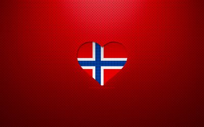 Amo la Norvegia, 4K, Europa, sfondo rosso punteggiato, cuore della bandiera norvegese, Norvegia, paesi preferiti, bandiera norvegese