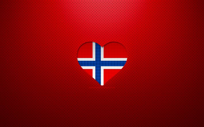 Amo la Norvegia, 4K, Europa, sfondo rosso punteggiato, cuore della bandiera norvegese, Norvegia, paesi preferiti, bandiera norvegese