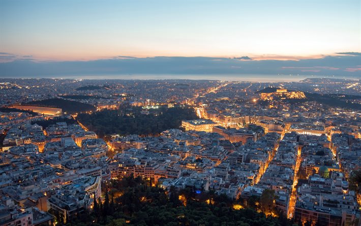 Aten, kv&#228;ll, solnedg&#229;ng, stadsbild, Aten panorama, Grekland, Greklands huvudstad